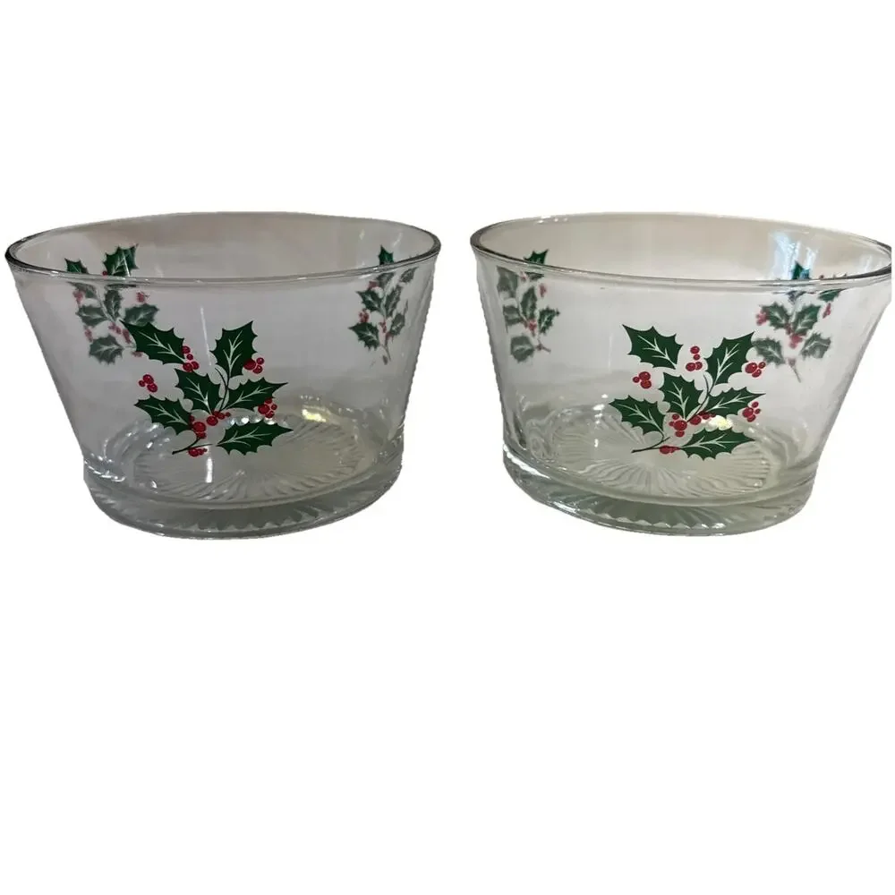 *2* Vintage Christmas Holly & Berries Holiday Serving Bowl / Ice Bucket / Snack